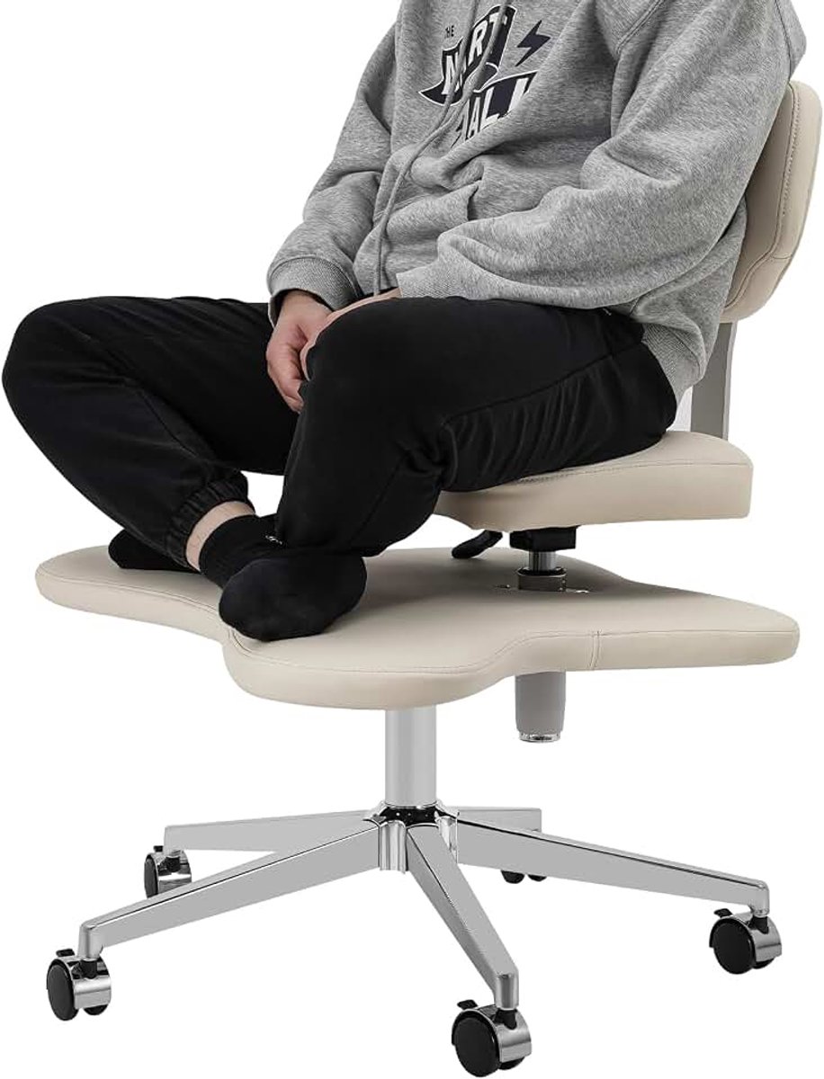 Kantoorstoel, criss cross stoel met wielen, yoga ADHD ergonomische kniebank met lendensteun en in hoogte verstelbare wielen (ivoorwit)