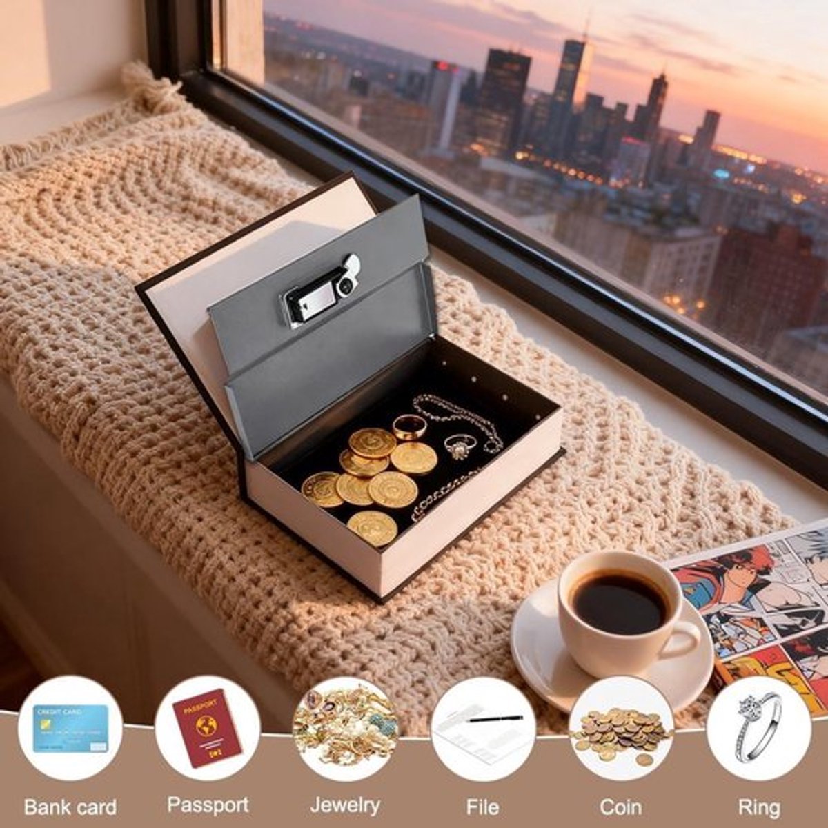 Cijferslot Boekkluis Woordenboekvorm Geldcassette - Afsluitbaar - Opbergbox voor kantoor, thuis, geld - Sieraden - Rozenstijl