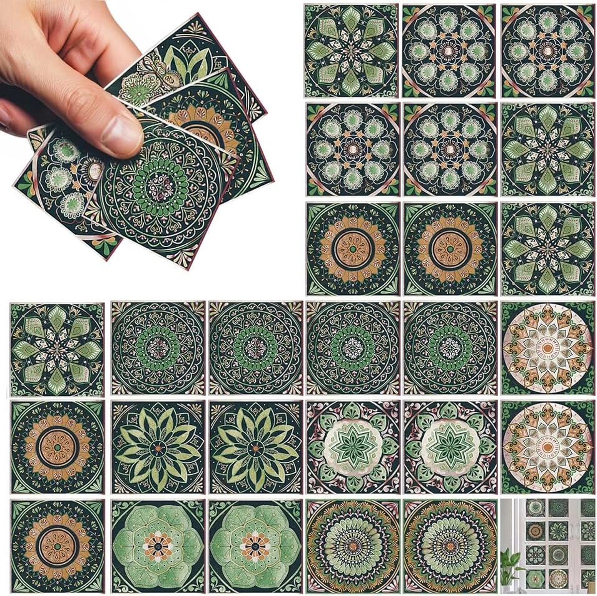 Tegelstickers badkamer, 10 x 10 cm groene tegelstickers badkamer | Waterbestendig, Marokkaanse stijl tegelstickers keuken, 10 patronen, voor badkamer, keuken en balkon