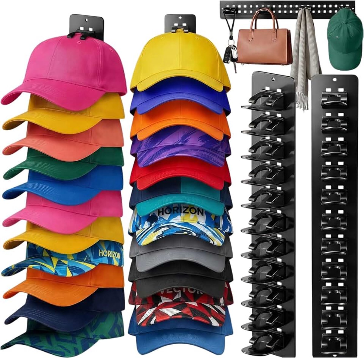 Halter, 2 stuks baseball cap organizer & wandhouder voor hoeden, ruimtebesparend pettenrek voor maximaal 22 petten, doe-het-zelf ophangsysteem voor slaapkamer en gang (C-Zwart)