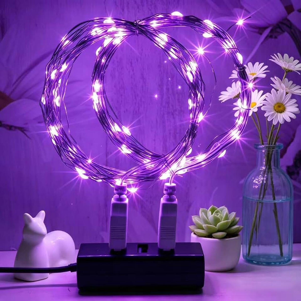 2 stuks LED-lichtslinger, 4M / 14Ft, USB-voeding, waterdicht, buiten/binnen, voor slaapkamer, tuin, bruiloft, Kerstmis, doe-het-zelf, enz. (Paars)