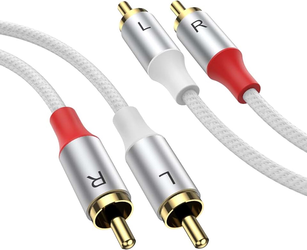 Audiokabel 2 RCA male naar 2 RCA male, 2M RCA stereokabel, RCA kabel, nylon gevlochten audiokabel voor home cinema, HDTV, versterkers, Hi-Fi systemen, autoradio, luidsprekers