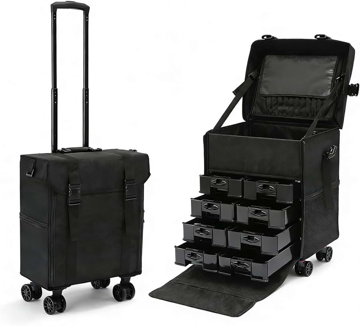 Make-upkoffer met 8 uitneembare laden, professionele cosmetica-organizer, robuuste make-up-trolley met wielen, voor visagisten, stylisten en reizigers