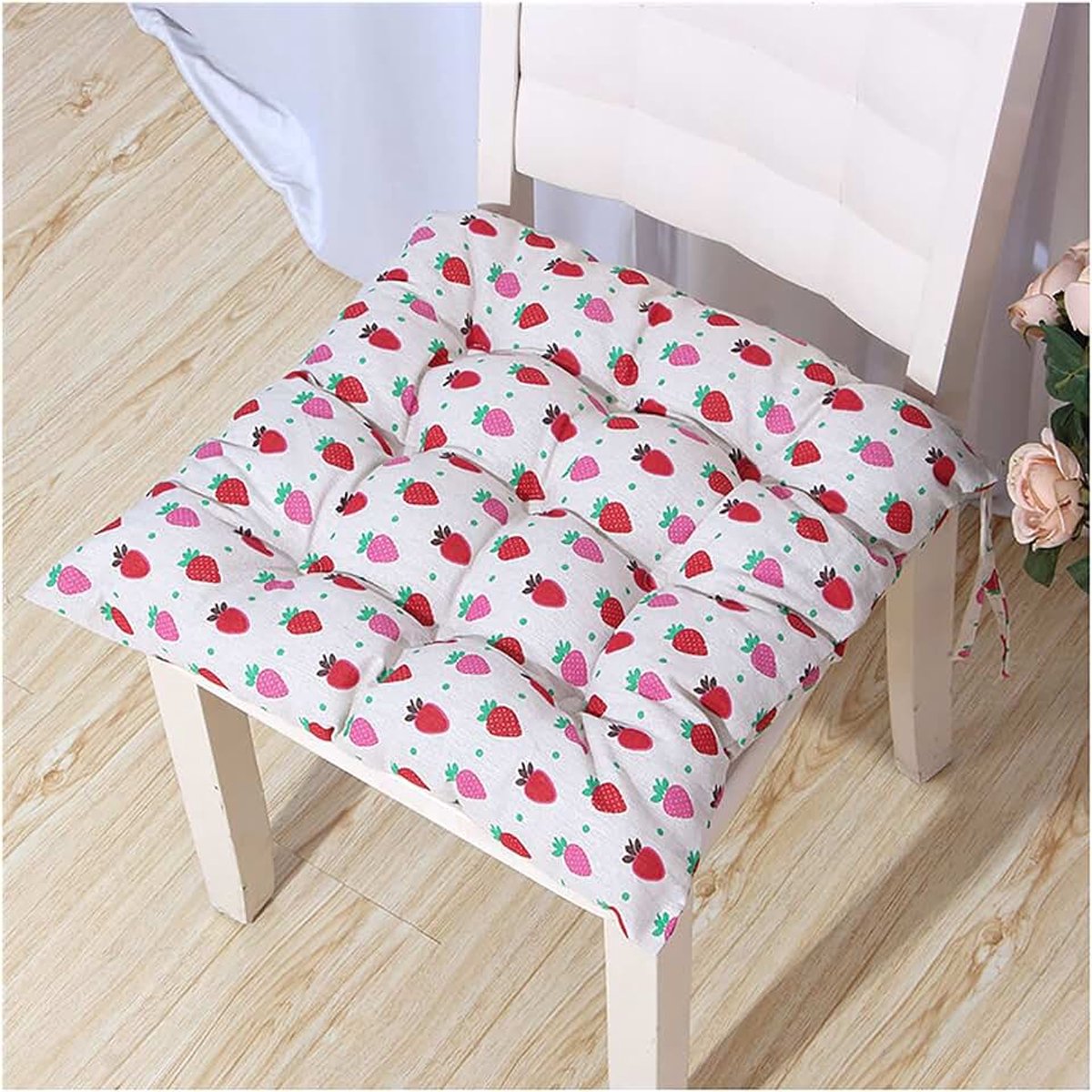 Stoelkussens, comfortabele eetkamerstoelen kussen, stoelkussens met banden stoelkussens, 9 steekkussens, vierkante stoelkussens, binnen/buiten vierkante stoelkussens, multicolor -roze aardbei 40x4