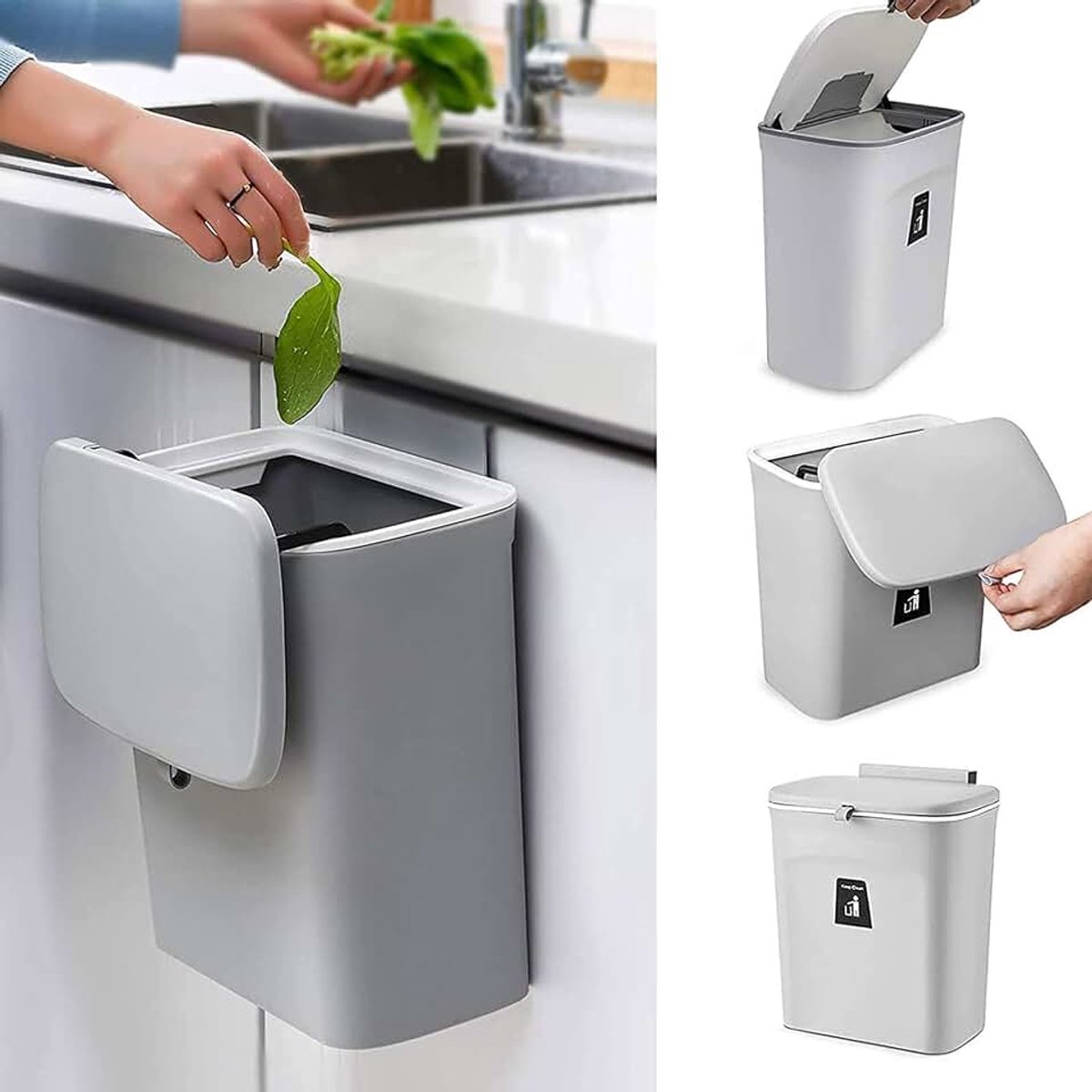 Keuken Prullenbak, Wandmontage Keukenkast Deurmontage Kunststof Prullenbak met Deksel Schuifdeksel Keuken Badkamer Slaapkamer Woonkamer 9L (grijs)