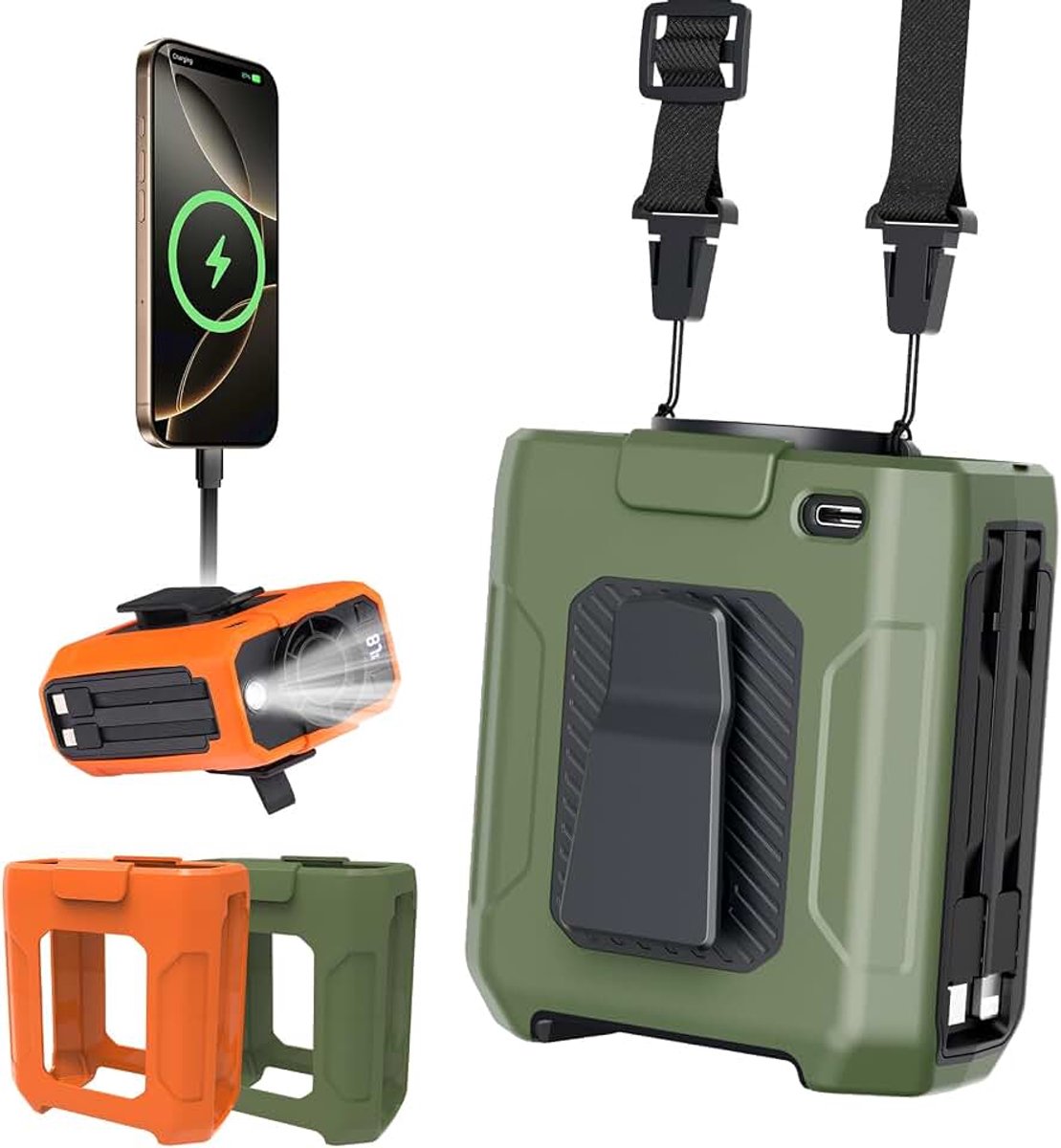 4-in-1 Taille Clip Ventilator met externe batterij van 10.000 mAh, 5 snelheden, oplaadbaar, draagbare riemventilator voor buiten, camping, klimmen