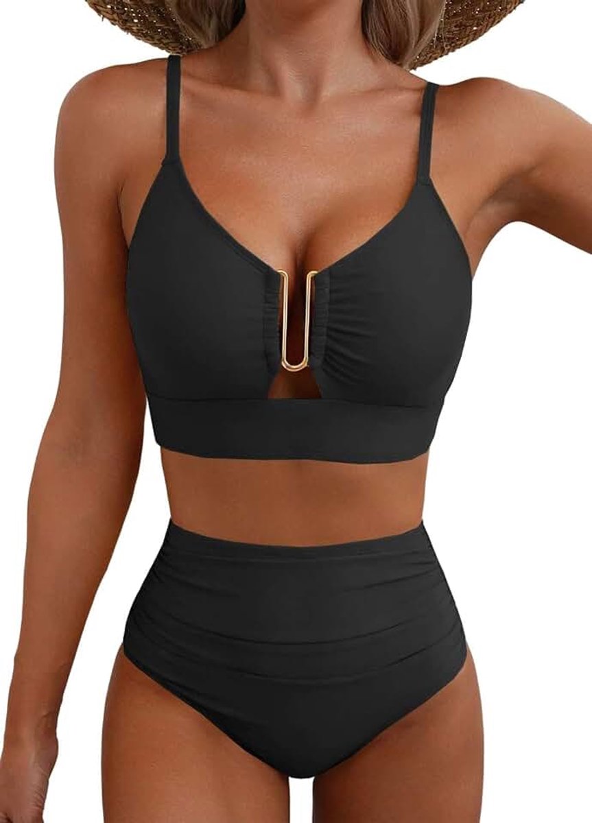 Badpak voor dames, 2-delig, hoge taille, bikiniset, push-up, gekruiste rug, sexy, tweedelige badpakken, platte buik, geplooid, zwemkleding, 2-delig, U-hals, metaal, elegant, strand