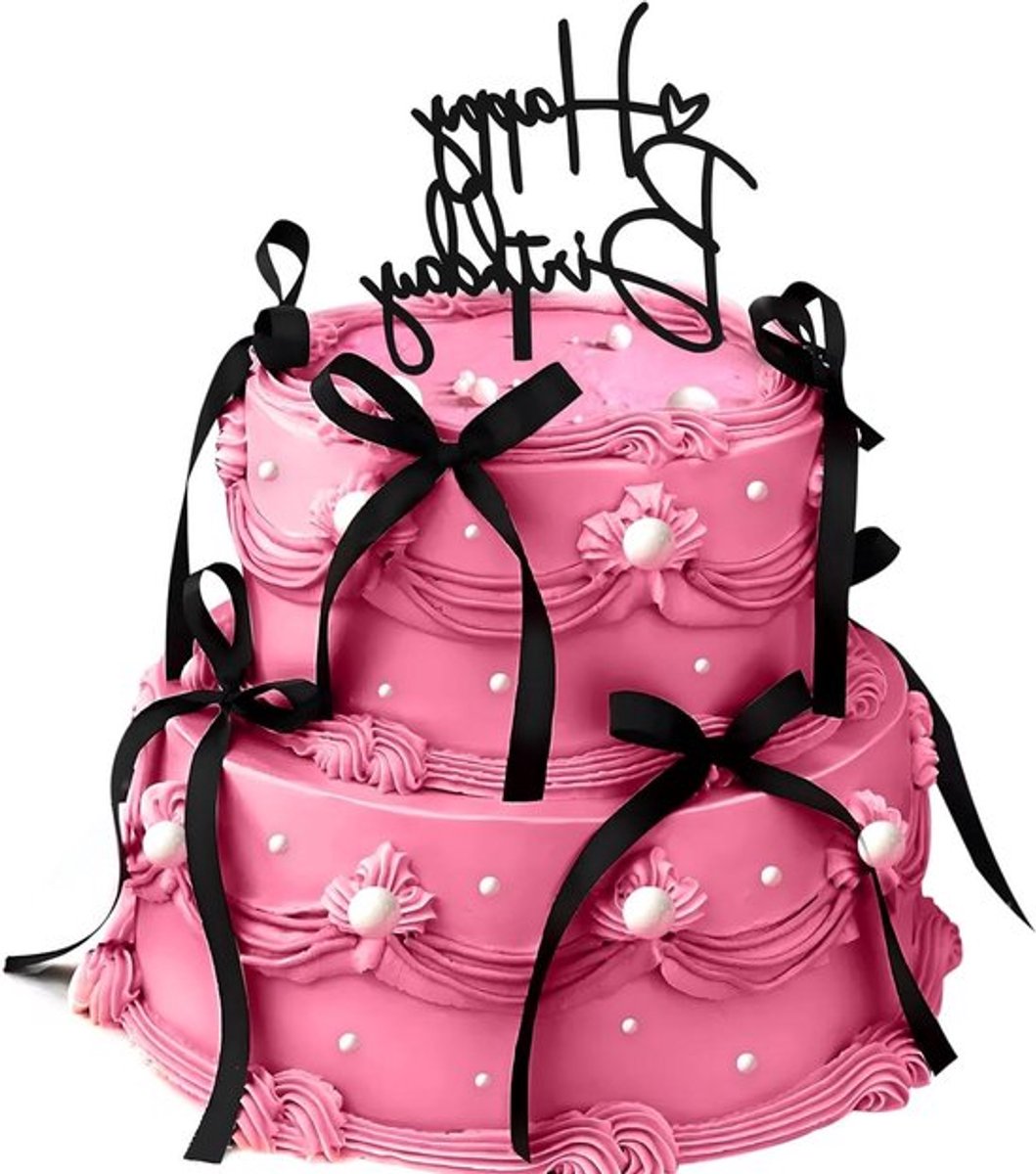 Taartdecoraties met strik en 'Happy Birthday'-bord voor verjaardagsfeest - Set van 10 - Roze strik - Taartdecoratie-accessoires in zwart