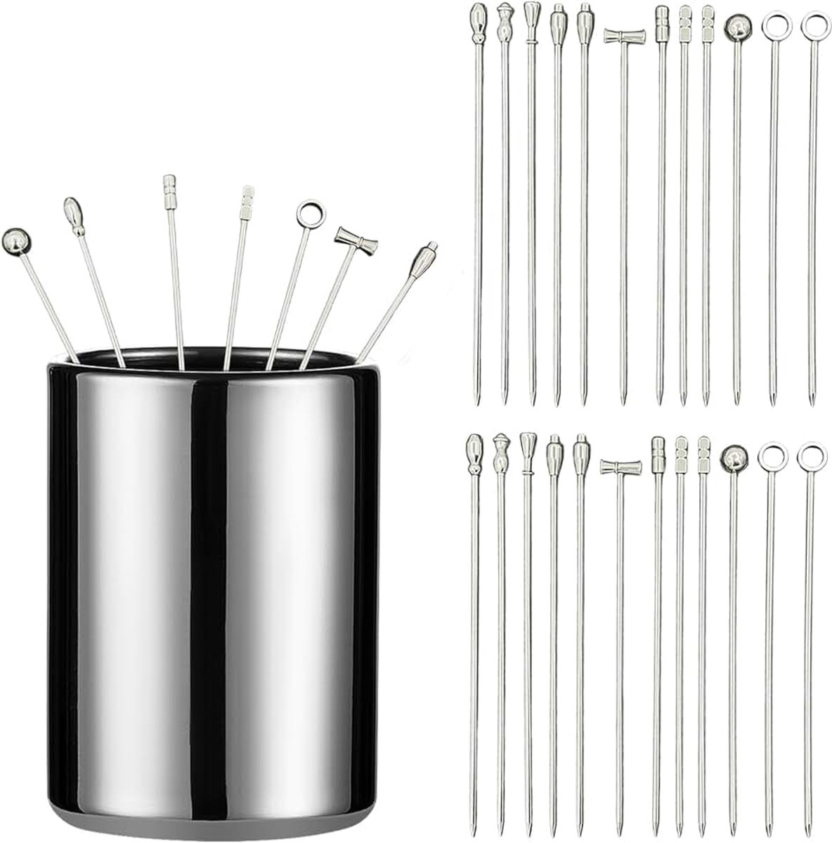 24 stuks roestvrijstalen cocktailspiesen met houder, herbruikbare cocktailsticks, martini-picks, metalen spiesjes voor spiesjes, fingerfood, fruit, snacks, party, bar