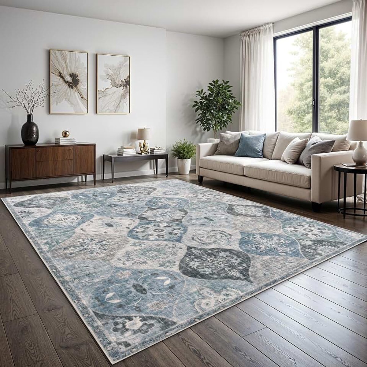 Home Boho Vintage Vloerkleed Woonkamer Laagpolig Retro Design Antislip Onderhoudsvriendelijk Modern Eetkamer Hal Wasbaar, Kleur:Turquoise, Maat:160x220 cm