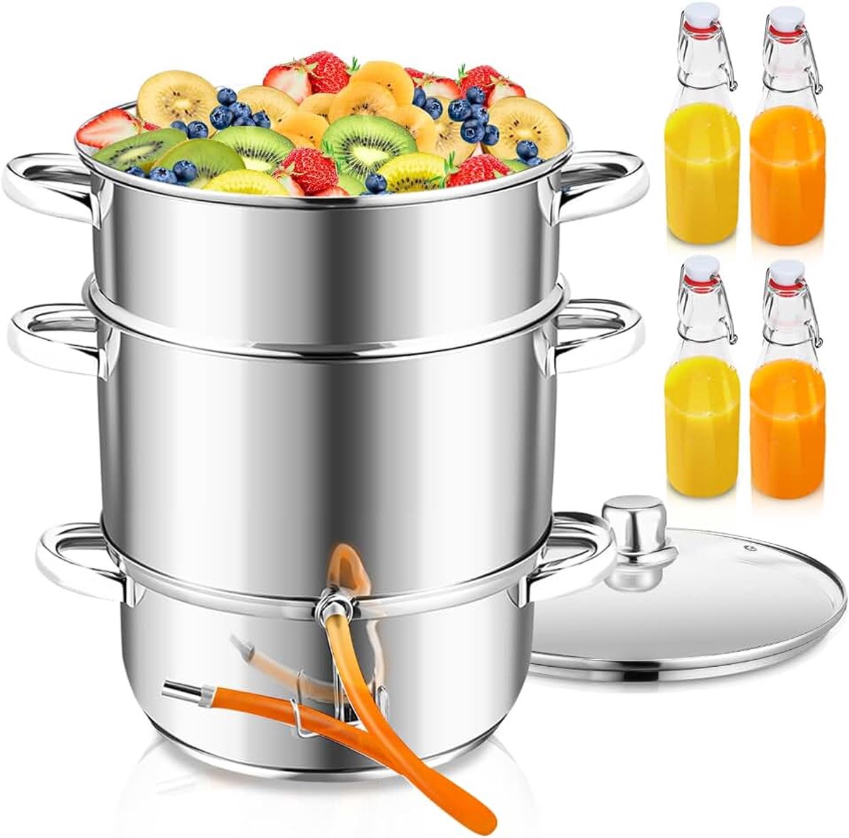 Ø26/16L roestvrij staal sapcentrifuge geschikt voor alle soorten fornuizen, waterreservoir ca. 4,5 liter, zacht sap van groenten en fruit, met 4 beugelflessen, zilver