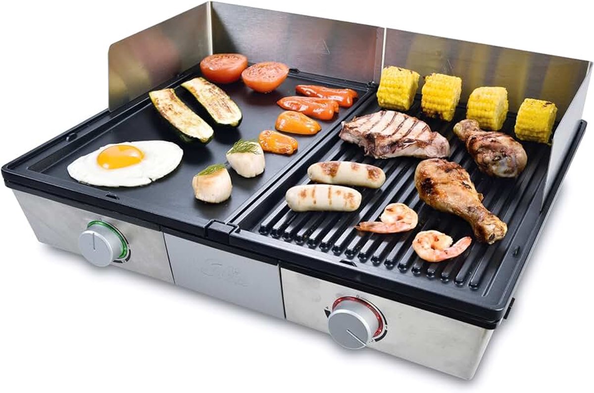 Elektrische grill met vetafvoer en opvangschaal afneembare grillplaten en spatbescherming elektrische grill voor balkon tuin en keuken roestvrij staal