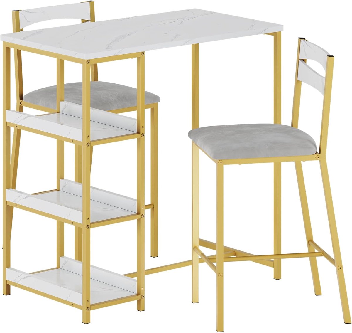 Ruimtebesparende 3‑delige bartafelset voor 2 personen – tooghoogte eettafel met 3‑laags opbergschap en wijnrek – gestoffeerde krukken
