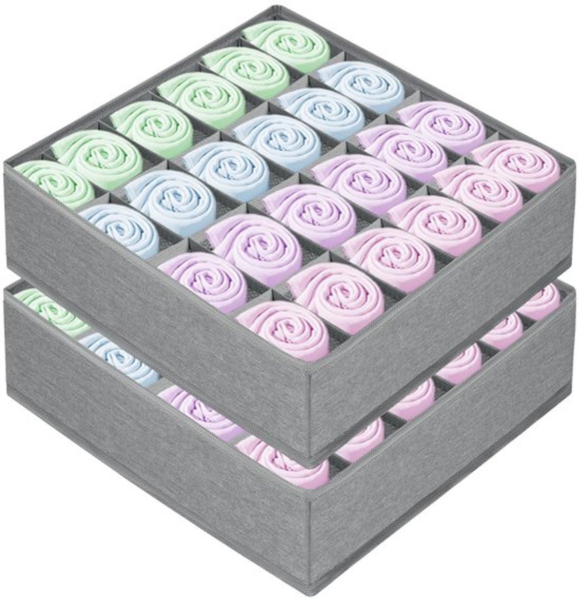 2-pack opbergdozen, lade-organizer met 24 vakken, opvouwbare dozen, ladeverdelers, stoffen lade-organizerdozen voor het opbergen van stropdassen, sokken en ondergoed, grijs