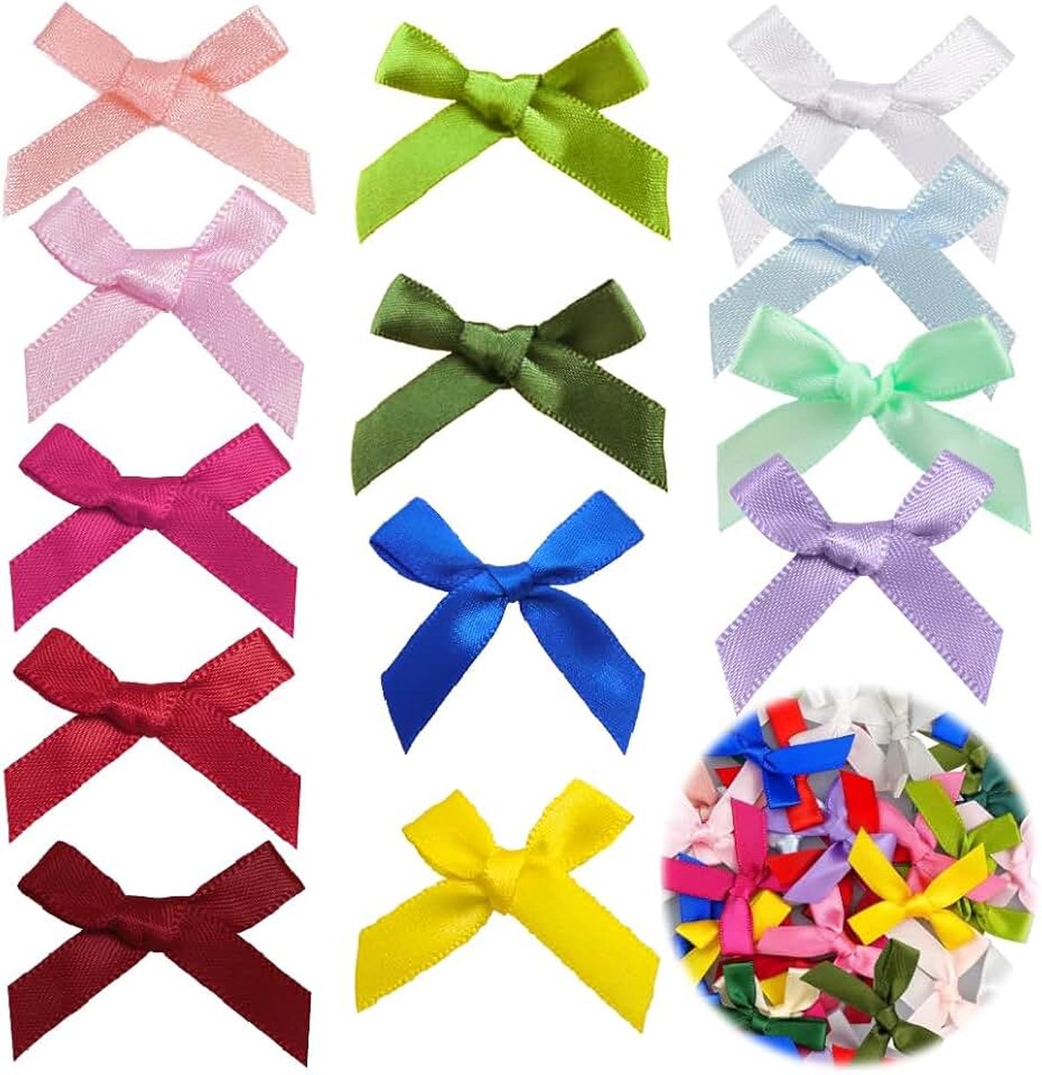 Strikken (100 stuks, polyester, meerkleurig, 4 x 3 cm) - delicate doe-het-zelf decoratieve strikken voor knutselen, naaien, kleding, haarbanden, bruiloften, verjaardagen en