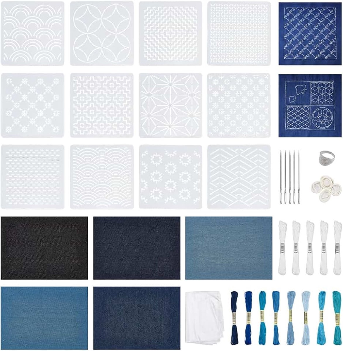 Sashiko Borduurset, Japanse Sashiko naaiset voor beginners, totaal 45 stuks, inclusief in water oplosbare denim stoffen draden, mallen naalden, vingerbedekkingen, ringen, flosdraad voor met de