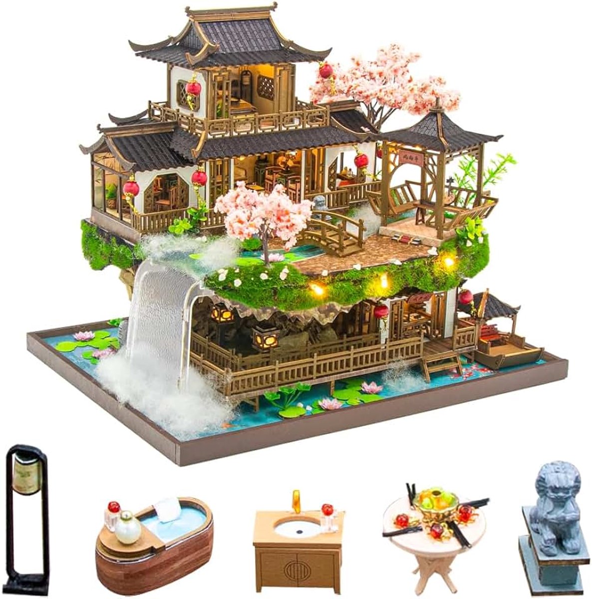 Chinese Fairyland Villa Mini Poppenhuis Meubels, DIY Miniatuur Poppenhuis Kit met LED Licht, Schaal 1:24 Creatieve Kamer voor Romantische Verjaardag Xmas Gift