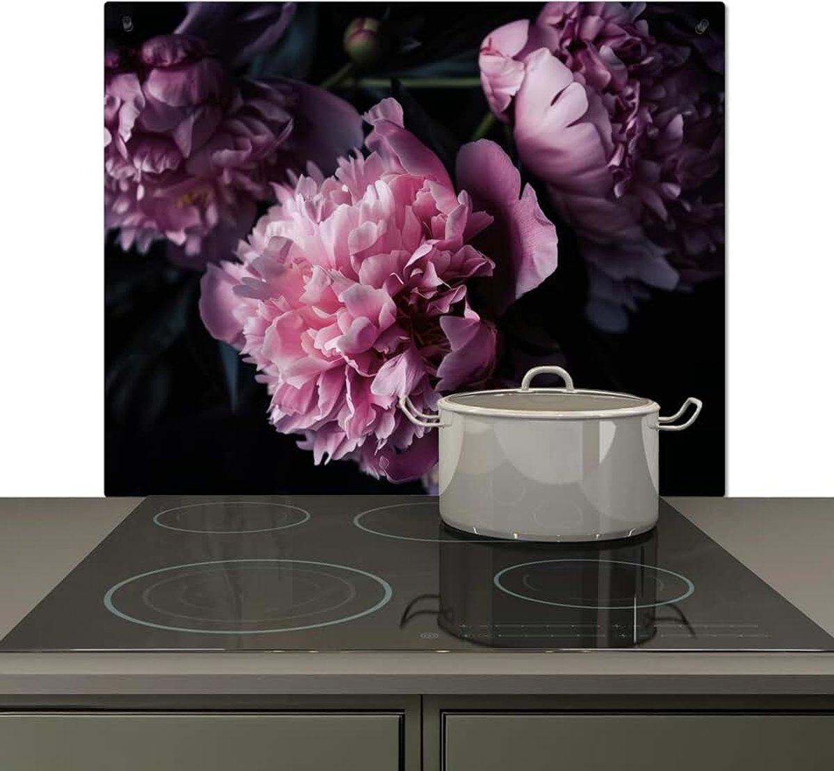Spatscherm Keuken 51.6x57.6 cm Kookplaat Achterwand Beschermer Muur Spatwand Fornuis Aluminium Hittebestendig - Bloemen - Roze - Pioenrozen - Zwart