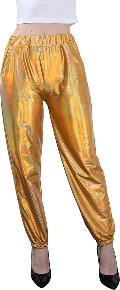 Metallic glanzende joggingbroek voor dames, casual, holografische kleur, streetwear, broek, hiphop, trendy, gladde, elastische broek