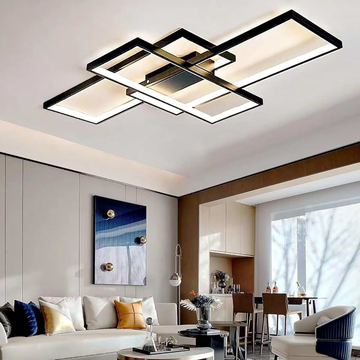 LED-plafondlamp dimbaar modern 82W plafondlamp LED met afstandsbediening, 3000k-6000k geometrische multifunctionele plafondverlichting voor woonkamer (105cm, zwart)