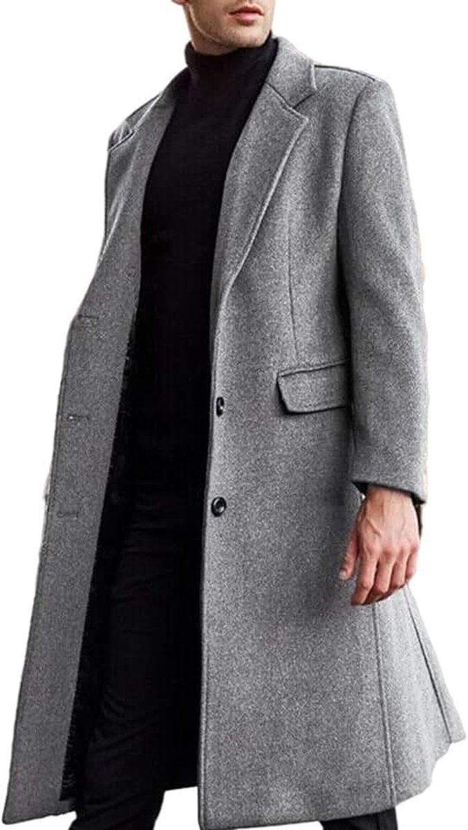 Herenjas, mantel, casual, slimfit, wol, lang, gekerfde kraag, trenchcoat, enkele rij knopen, winter, warm, bovenkleding