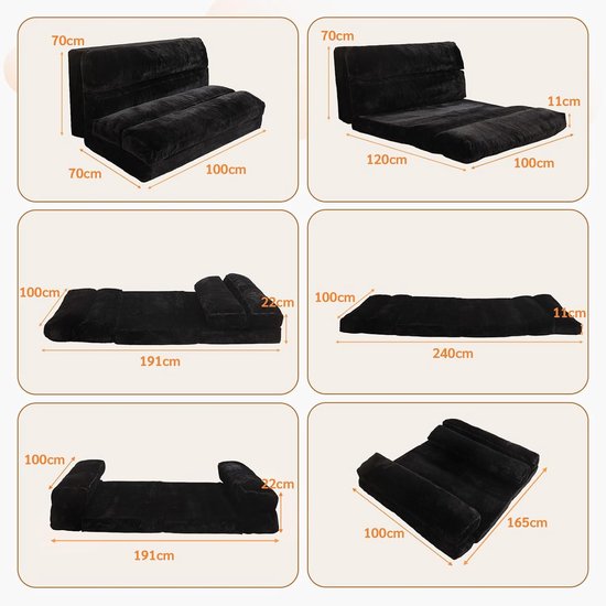 Vloermatras - Zitzak Bank - Ontspannen Zitten - Opvouwbaar Ontwerp - 100 x 240 cm - Zwart — afbeelding 4