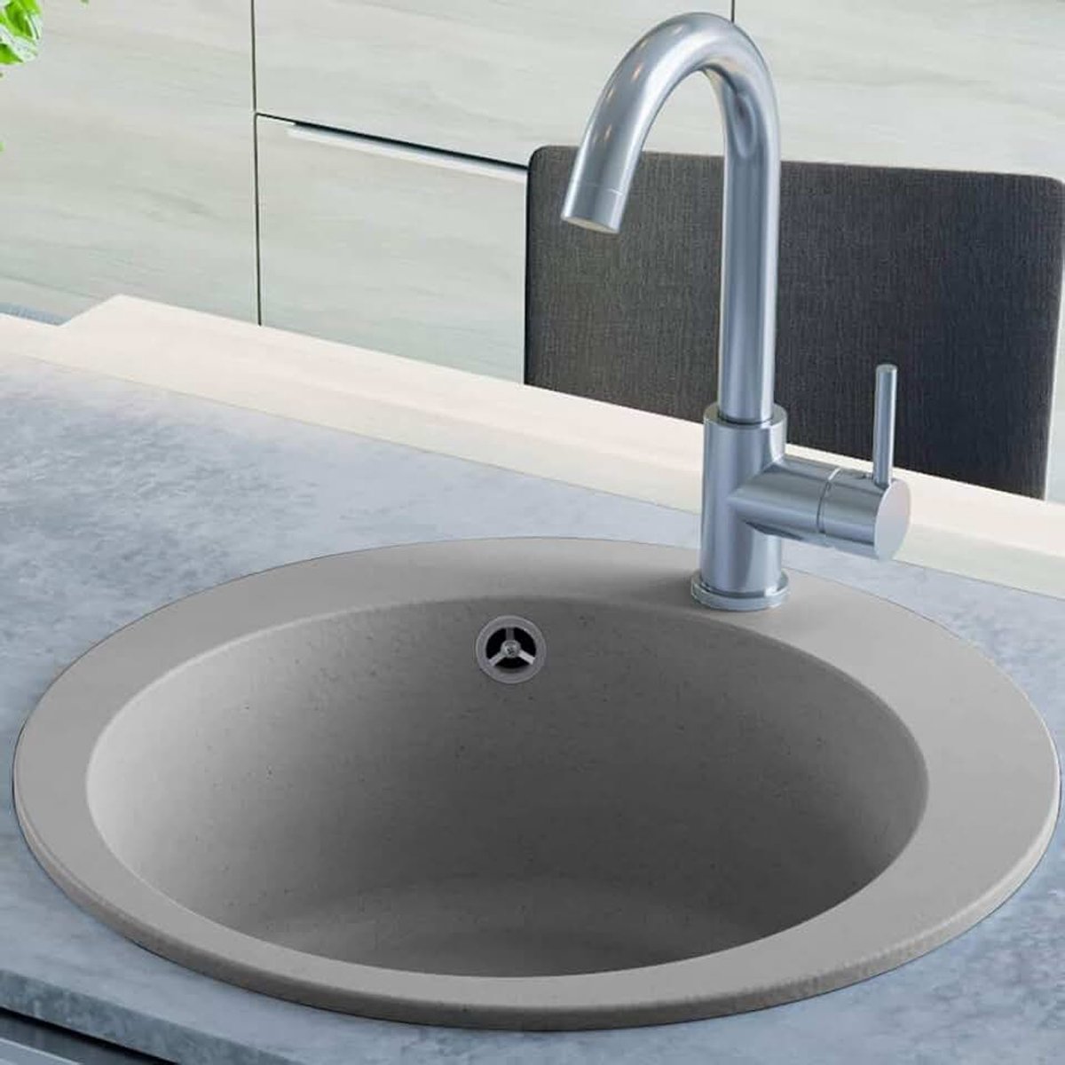 Gootsteen gootsteen graniet een ronde bessen gootsteen met een mand zeef wastafel keuken grijs