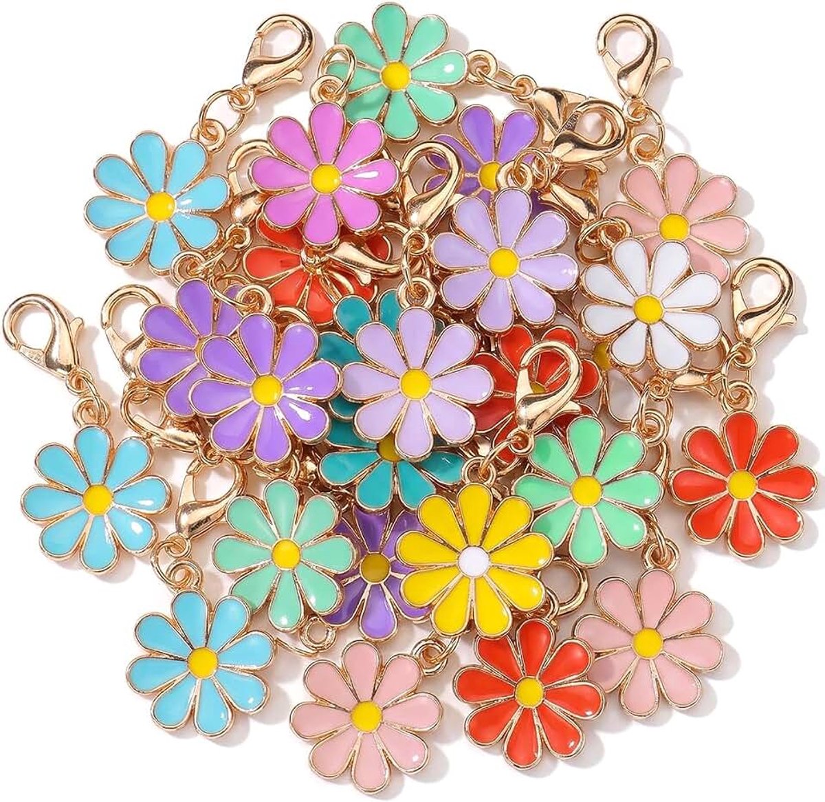 20 verschillende emaille madeliefjeshangers met karabijnhaak, ideaal voor doe-het-zelf sieraden, armbanden, halskettingen, oorbellen, sleutelhangers en creatief knutselen.