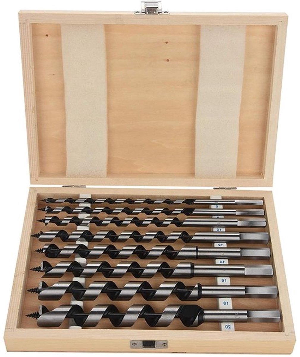 8-delige hex-boor set met spiraal- en slangenboren voor hout en metaal - diameters 6 mm t/m 20 mm