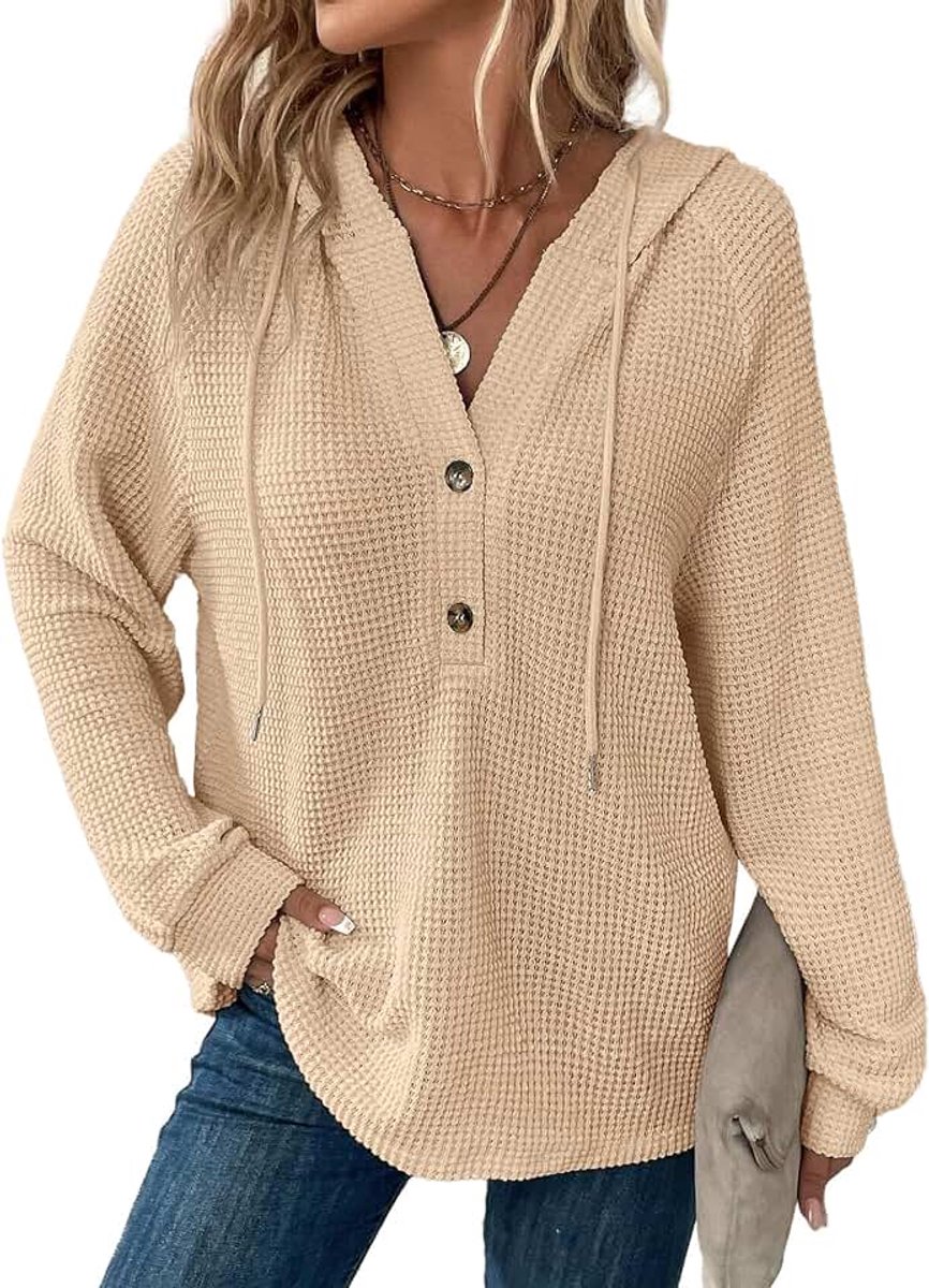 Hoodie dames wafel losse capuchon knoopsluiting sweatshirt V-hals met trekkoord lange mouwen pullover dames met capuchon