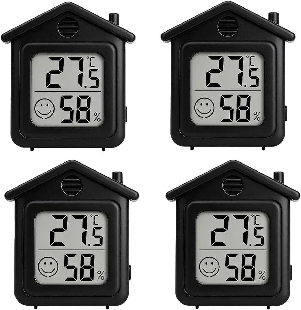 Lcd-Thermometer, Set Van 4, Met Comfortweergave Via Smiley, Geschikt Voor Thuis, Kantoor, Kinderkamer, Berging En Bewaking Van Meerdere Ruimtes. (Zwart)