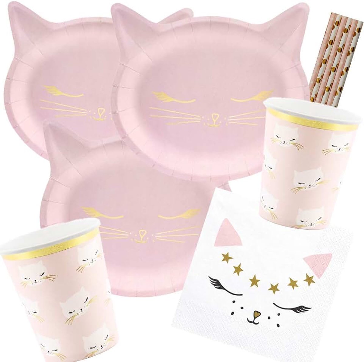 Partydeco/spielum 38-delige partyset kat - kitten - borden bekers servetten rietjes voor 6 kinderen