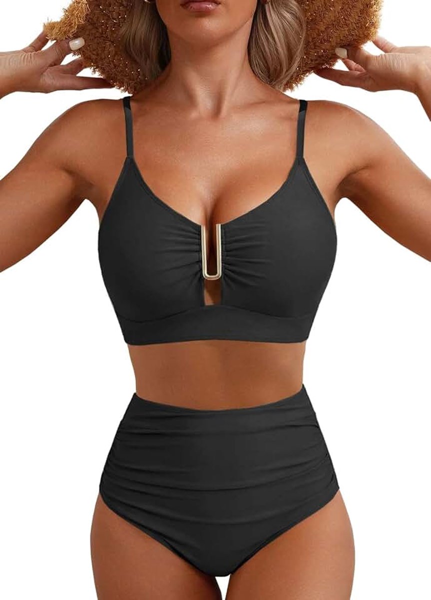 Badpakken voor dames, tweedelig, bikini-set, verstelbaar, push-up-beha, gevoerd, hoge taille, sexy badmode, metaal, U-hals, Braziliaanse strandkleding