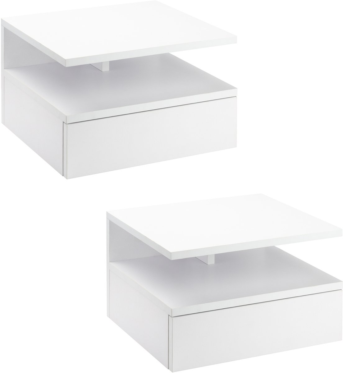 Set van 2 hangtafels van hout - 35 x 32 x 22,5 cm - wit - Nachtkastje voor slaapkamer met 1 lade en 1 open vak