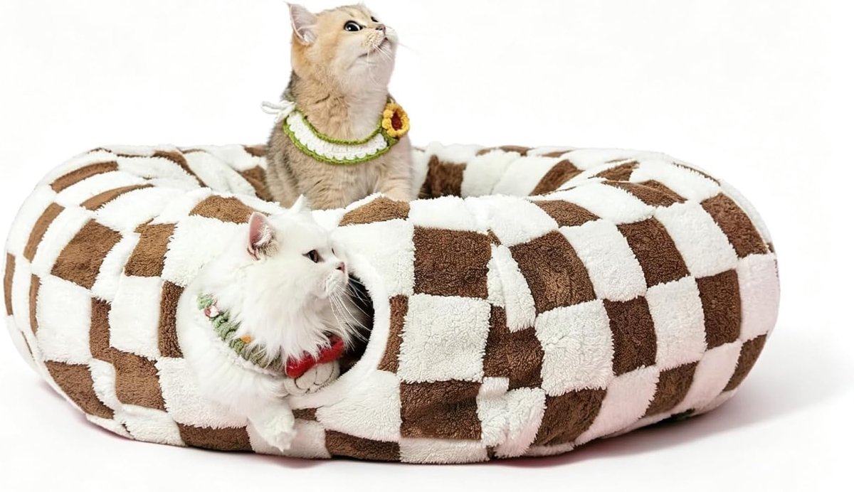 3-in-1 Pluchen Kattenhol met Tunnel en Speelbal – Soft Sherpa – Afneembaar Wasbaar Kussen – Antislip en Opvouwbaar – Voor Binnenkatten – Bruin
