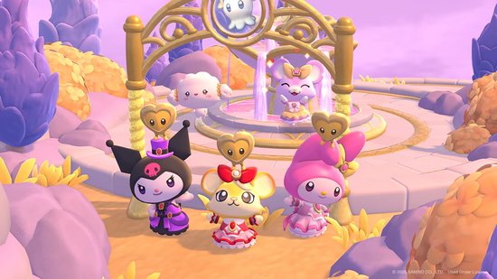 Kuromi, een muis en My Melody staan bij een fontein met hartvormige lolly's.