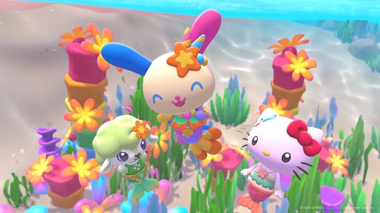 Drie Sanrio-personages, waaronder Hello Kitty als zeemeermin, zwemmen onder water tussen kleurrijke koraalriffen en zeewier.