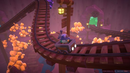 Een cartoonachtig personage met een blauwe helm rijdt in een mijnkarretje op een achtbaan door een grot met oranje kristallen.