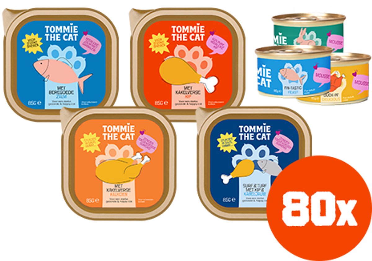 Tommie the Cat - 80 x 85gr - stukjes in saus, mousse & paté mix smaken - kattenvoer natvoer - voordeel verpakking - zonder suiker en graanvrij