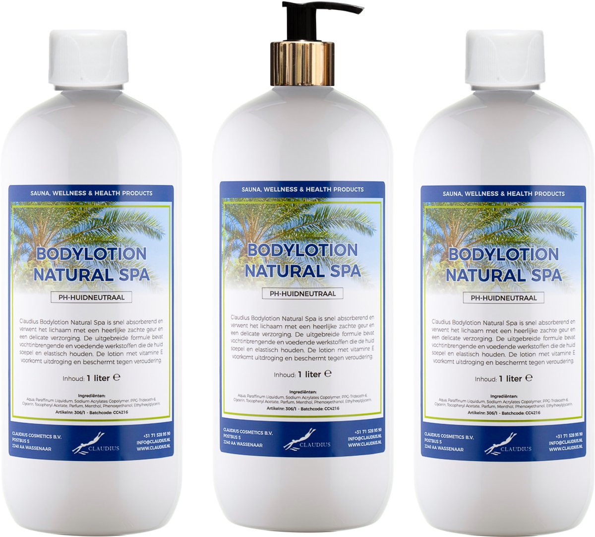 Bodylotion Natural Spa 1 Liter - met gouden pomp - set van 3 stuks