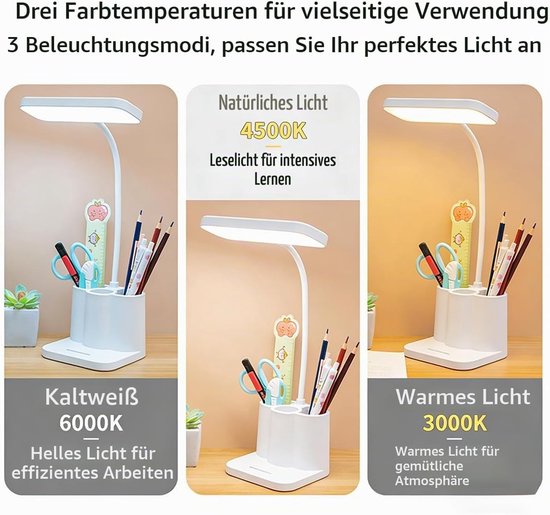 LISM-Bureaulamp, studielamp, kantoorlamp, aanraakbediening voor kleurtemperatuur en helderheid, oogvriendelijke lamp, 360° draaibaar, kan worden aangesloten op batterijen of netstroom. — afbeelding 2