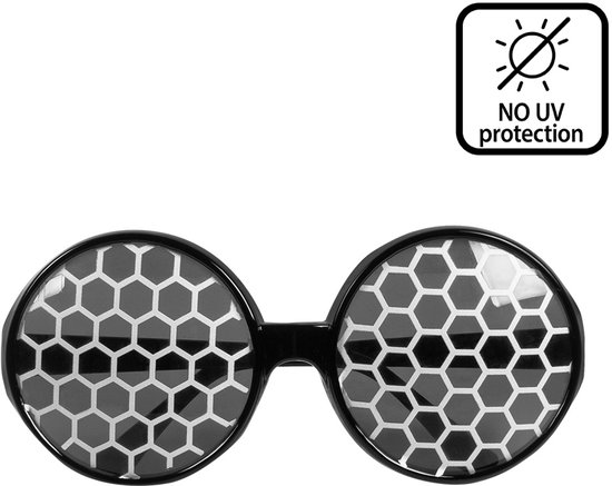 Zwarte ronde bril met honingraatpatroon. Bovenin staat 'NO UV protection'.