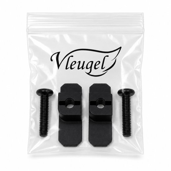 Zwarte ophangclips met schroefdraad in een doorzichtige plastic verpakking met het Vleugel logo.