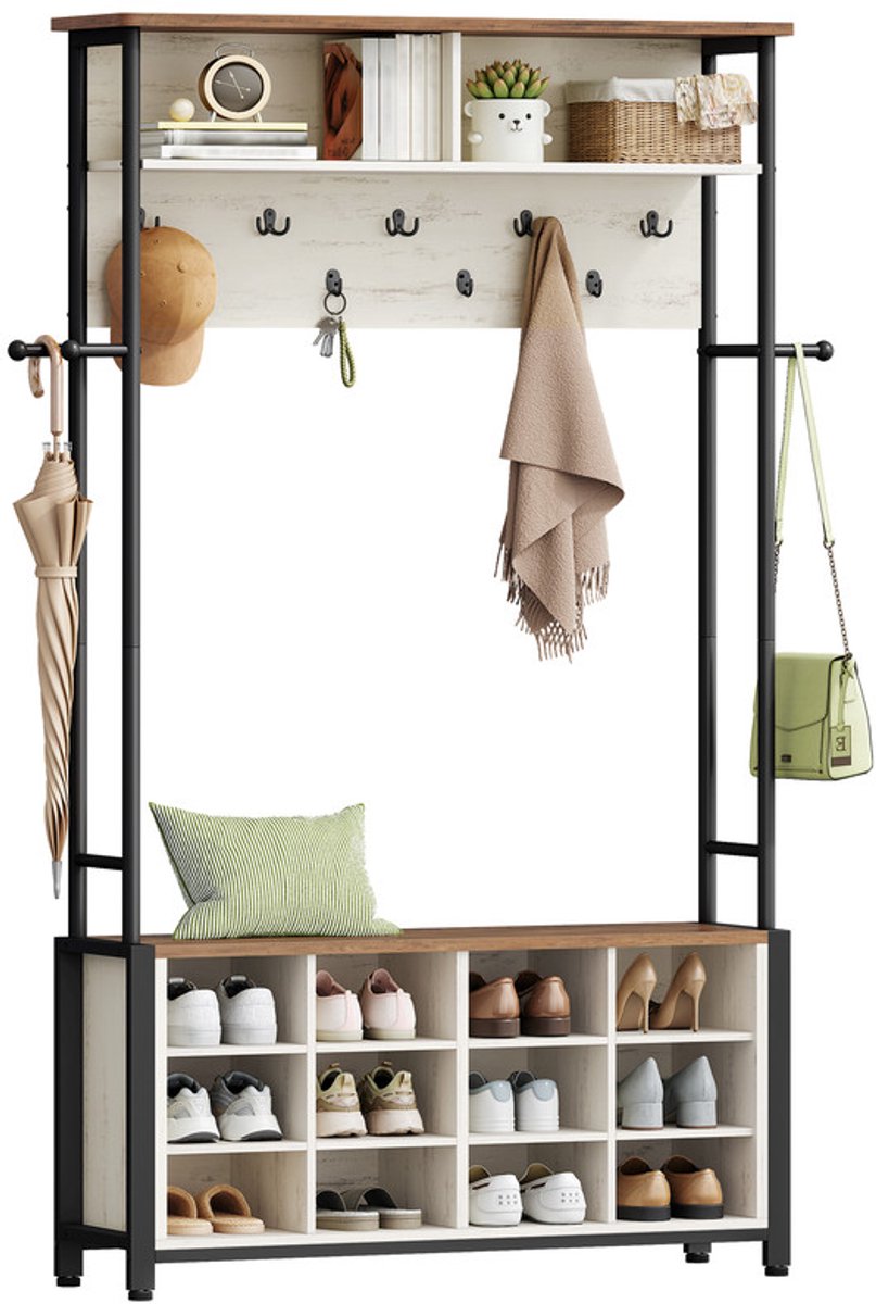 Hzuaneri Garderobe met schoenenbank, garderobe met 13 haken, 14 open vakken, verstelbare planken, kledingrek voor hal, entree, 31 x 110 x 187 cm, vintage bruin-wit
