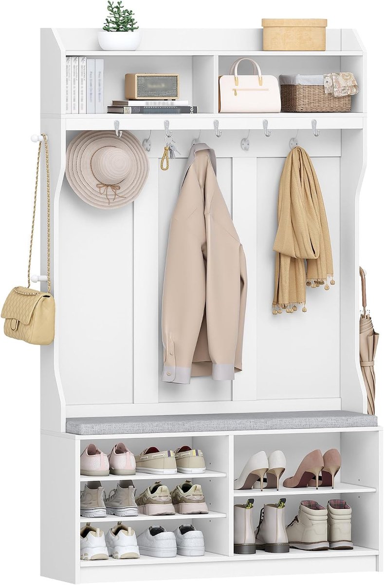 Hzuaneri Garderobe met schoenenbank, kapstok, 14 haken, wit, Garderobe met 7 open vakken, verstelbare planken, voor hal, entree, woonkamer, 30 x 100 x 183,4 cm