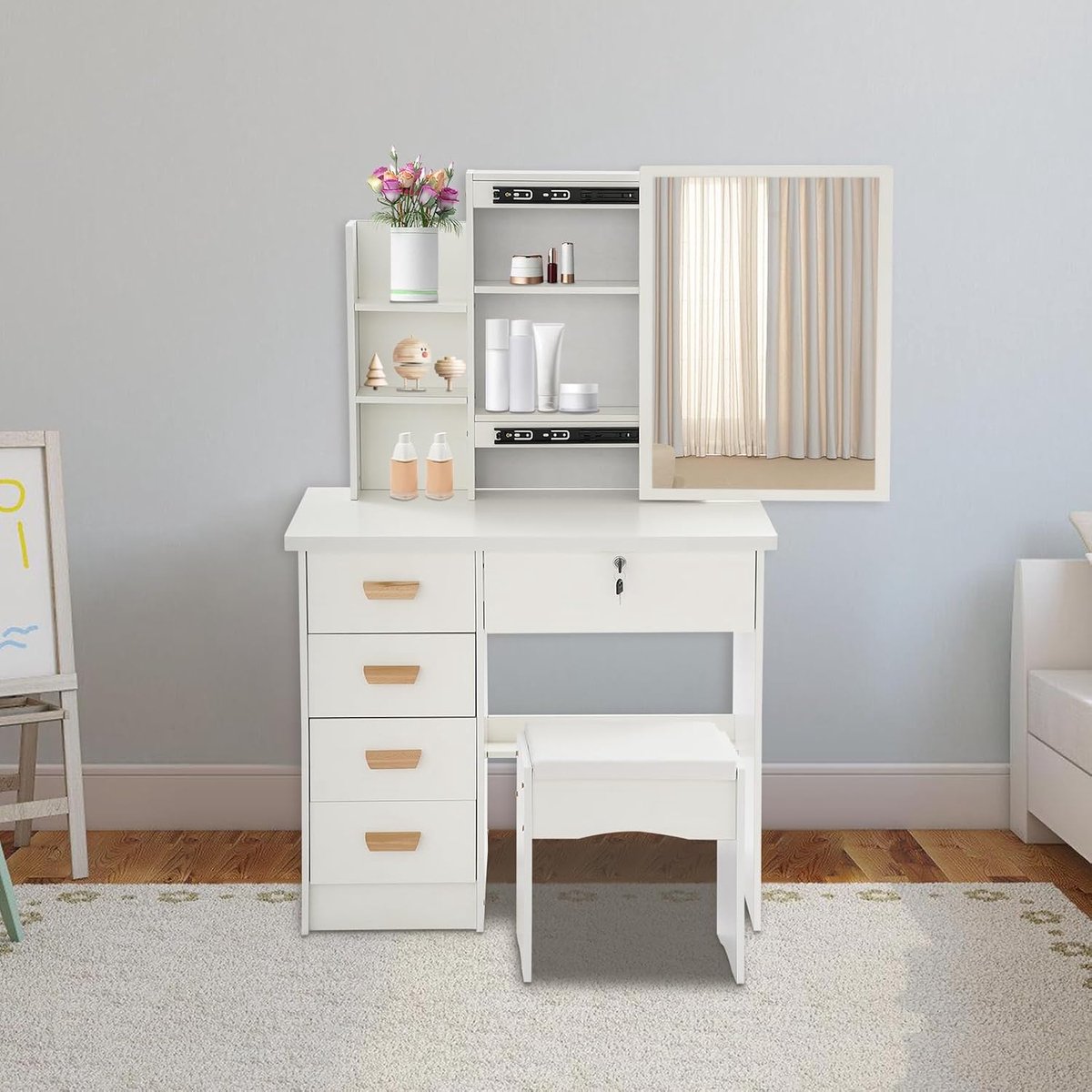 Makeup tafel met spiegel en kruk - 5 lades - 4 bovenplanken - ruimte voor een georganiseerde make-up routine - SnelShoppen