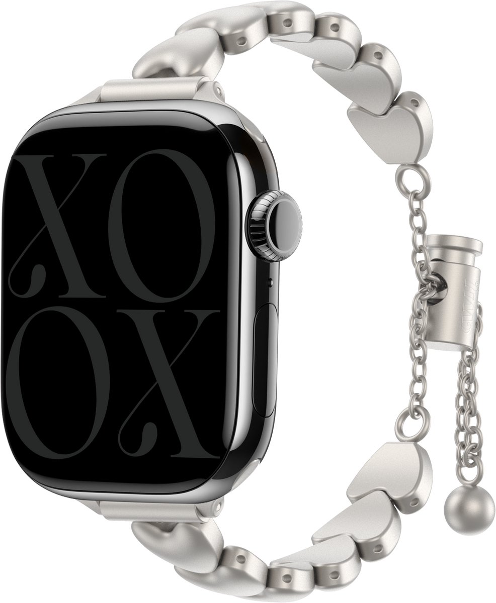 xoxo Wildhearts stalen bandje 'Hearts' geschikt voor Apple Watch 1/2/3/4/5/6/7/8/9/10/11/SE/SE2/SE3 - Maat: 38/40/41/42mm - Hoogwaardig RVS Stalen band - Schakelband met hartjes - sterrenlicht