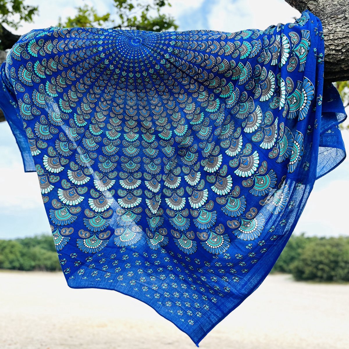 Lindian style - Dun strandlaken - Blauw turquoise - XL strandkleed - Tweepersoons strandleken - Katoen/Polyster - Peacock/Pauw