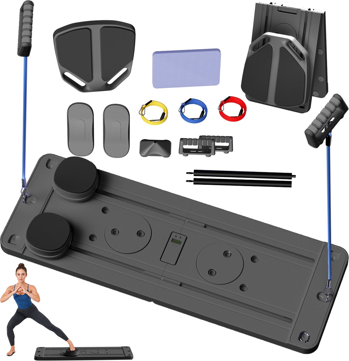 PULSE360 Pilates Reformer Set - 12-in-1 - Inklapbaar Pilates Board - verstelbare weerstand - 20+ accessoires - Max 250kg - Buikspiertrainer - Thuis training - Zwart