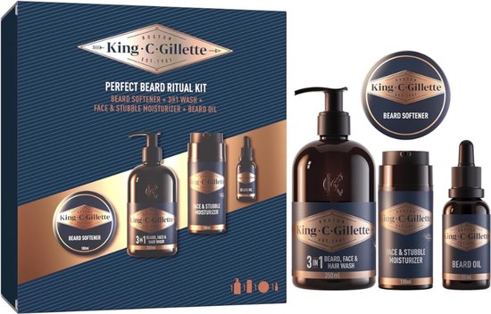 King C. Gillette baardverzorgingsset, compleet met box en producten, op donkerblauwe achtergrond.